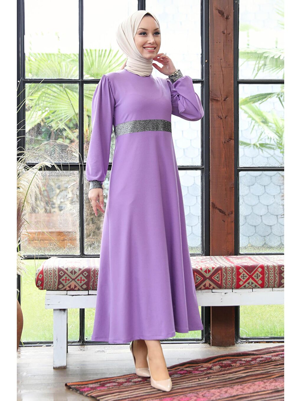 Düz BİSİKLET YAKA Kadın Lila Elbise - 11002-3