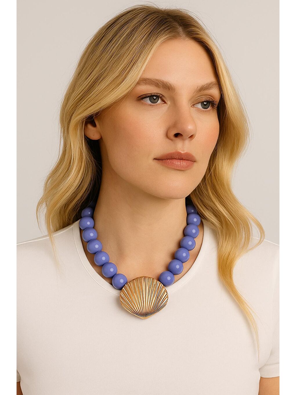 Lila İstridye Uçlu Büyük Boncuklu Kolye