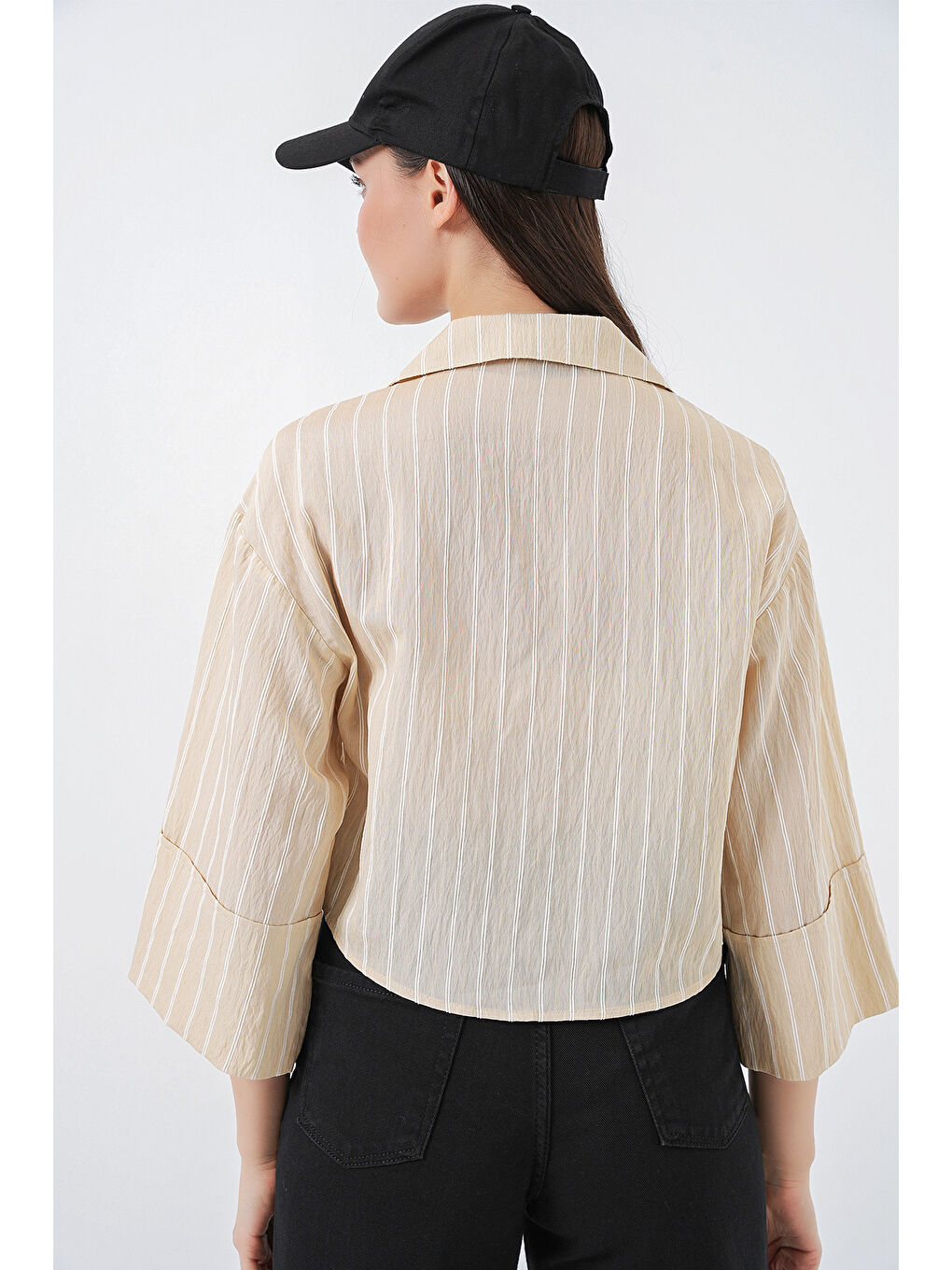 Kadın Çizgili Oversize Kısa Gömlek 20326 - Bej-8