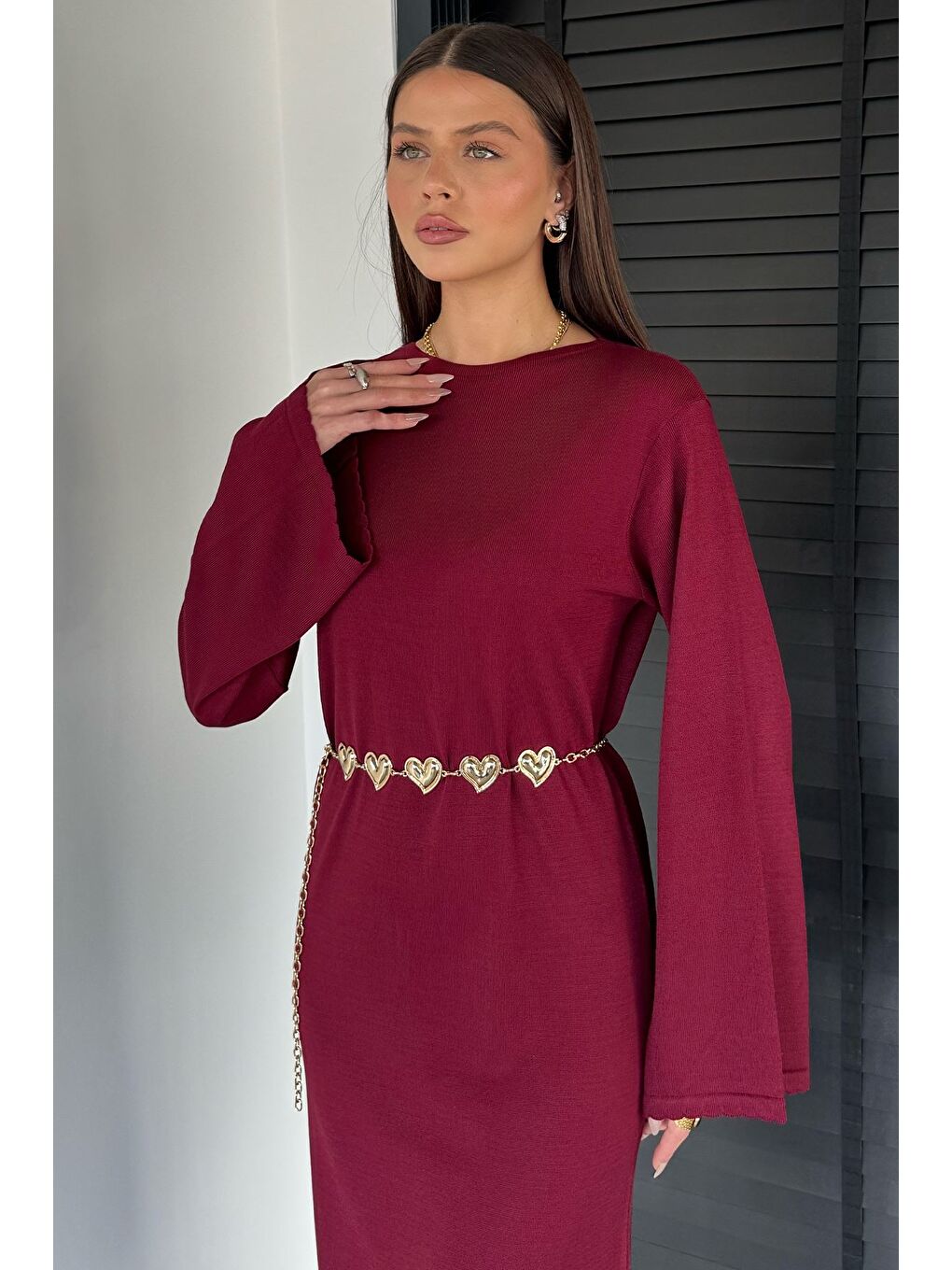 Bordo Bisiklet Yaka Metal Kemerli Triko Elbise-3