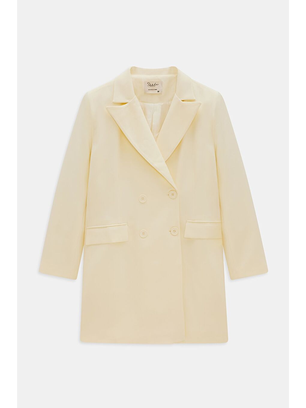 Beyaz Açık Sarı Kadın Oversize Dokuma Uzun Busines Ceket - Kapak Detaylı