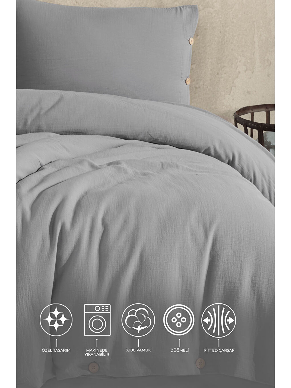 Lina Çift Kişilik Nevresim Takımı 4 Parça Gri-1