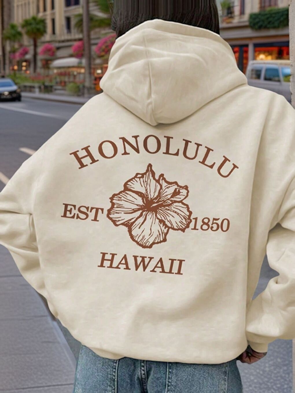 Bej Honolulu Baskılı Oversize Sweatshirt