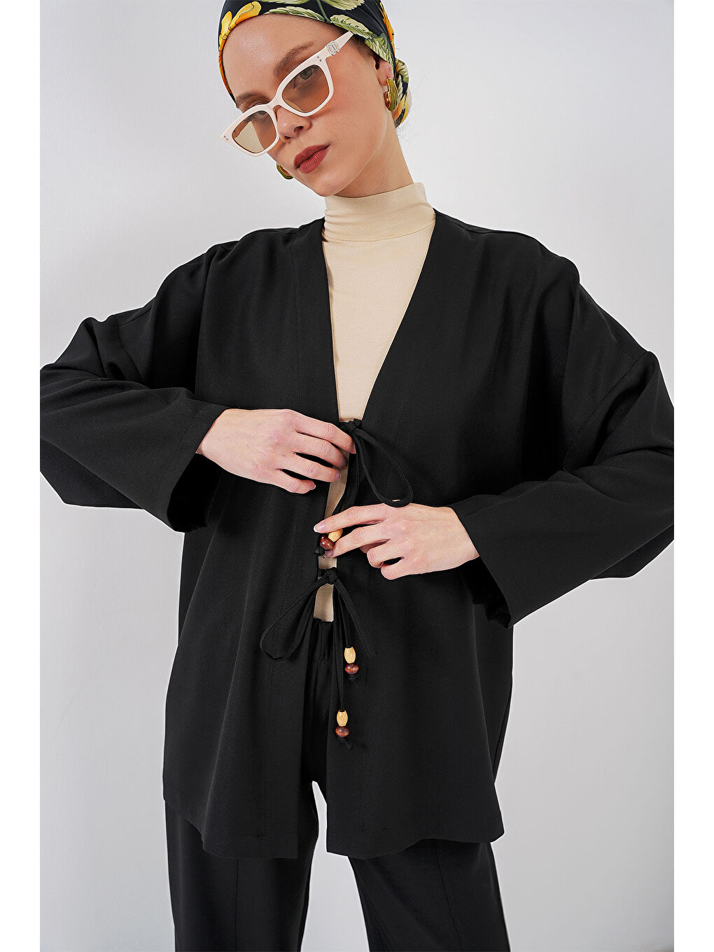 Kadın Keten Kimono İkili Takım 6727 - Siyah-1