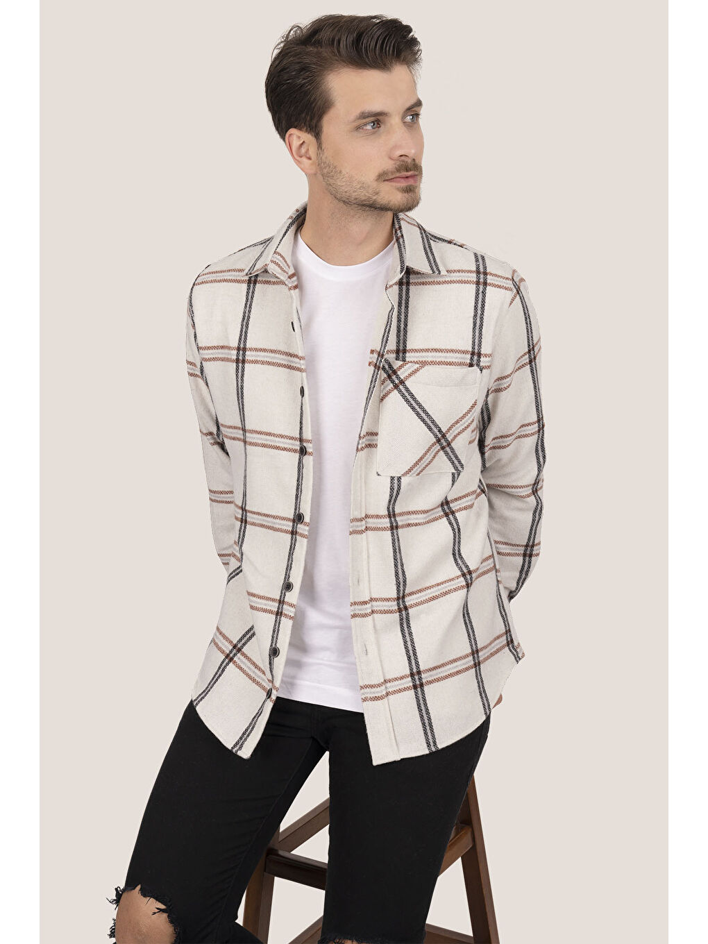 Beyaz Siyah Çizligi Oversize (Geniş Kalıp) Kalın %100 Pamuk Erkek Oduncu Gömlek-1