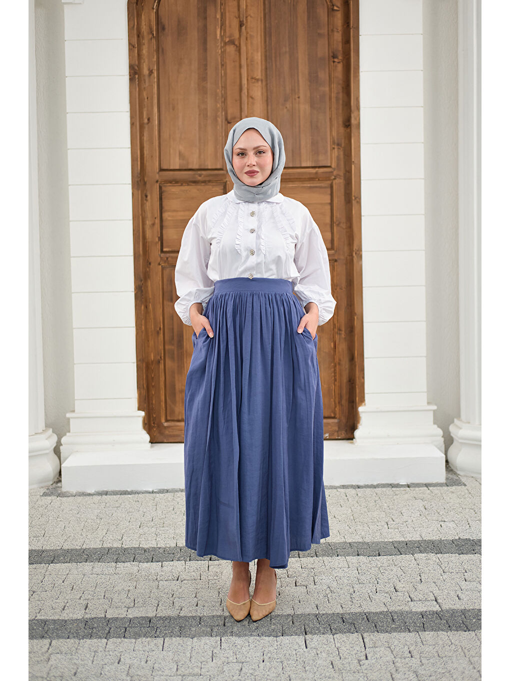 Kadın Önden Büzgülü Çift Cepli Etek İndigo Mavi-4