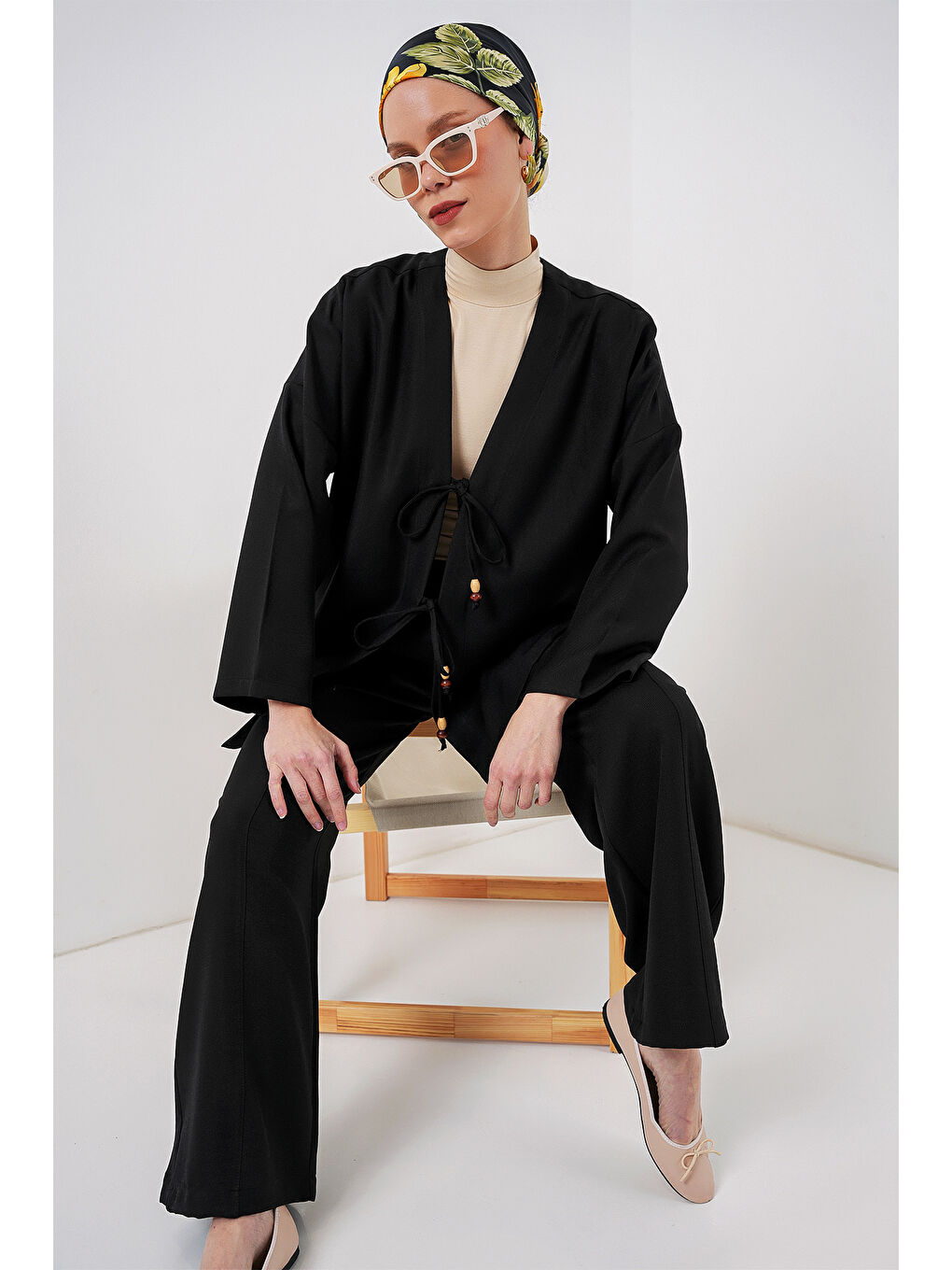 Kadın Keten Kimono İkili Takım 6727 - Siyah-2