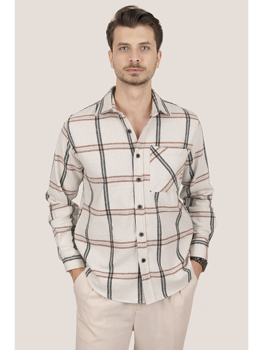 Beyaz Siyah Çizligi Oversize (Geniş Kalıp) Kalın %100 Pamuk Erkek Oduncu Gömlek-4