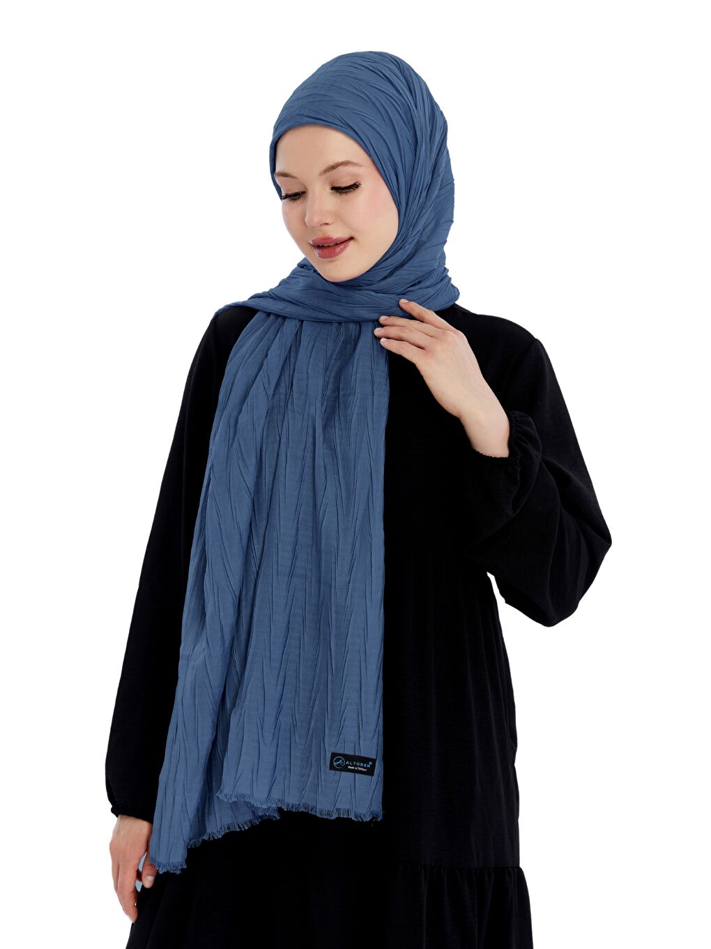 Mavi Pliseli Bambu Şal-3