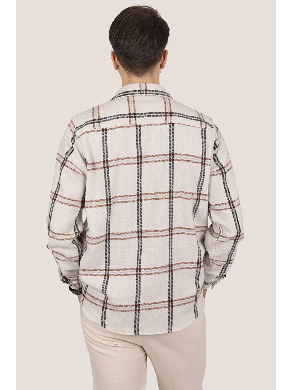 Beyaz Siyah Çizligi Oversize (Geniş Kalıp) Kalın %100 Pamuk Erkek Oduncu Gömlek-6