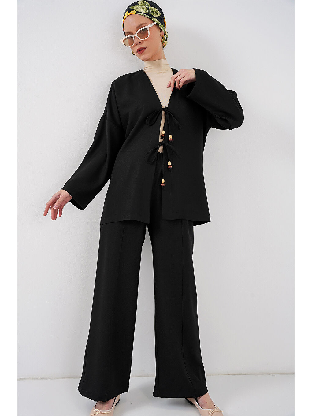 Kadın Keten Kimono İkili Takım 6727 - Siyah-3