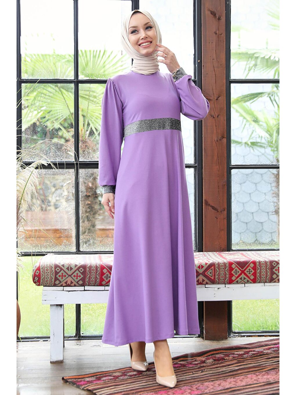 Düz BİSİKLET YAKA Kadın Lila Elbise - 11002-4