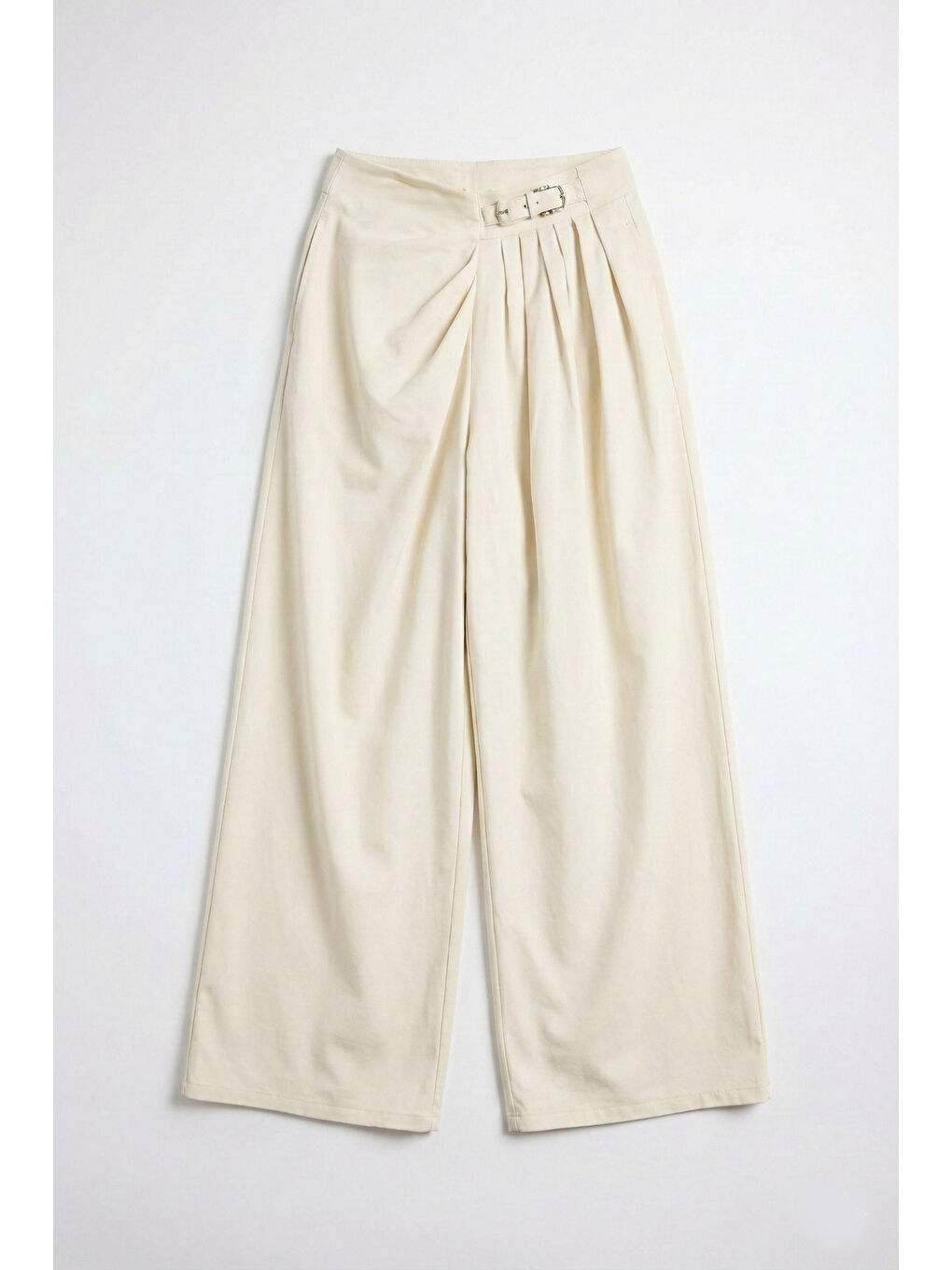 Kadın Ekru Taş Renk Palazzo Fit Kemer Detaylı Viskon Kumaş Tasarım Pantolon-4