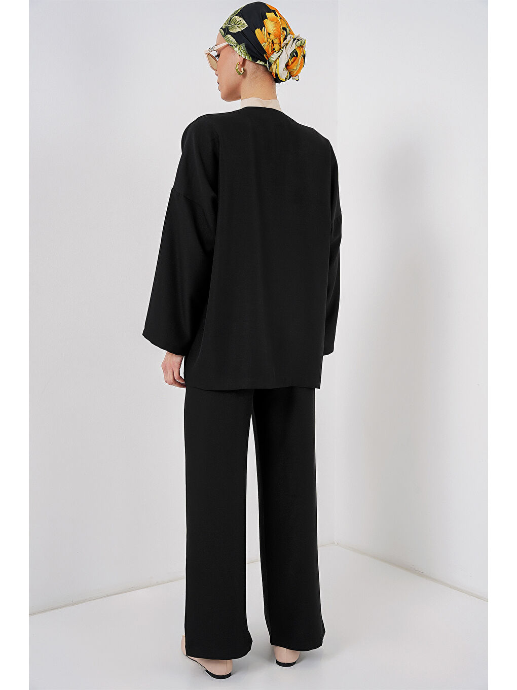 Kadın Keten Kimono İkili Takım 6727 - Siyah-5