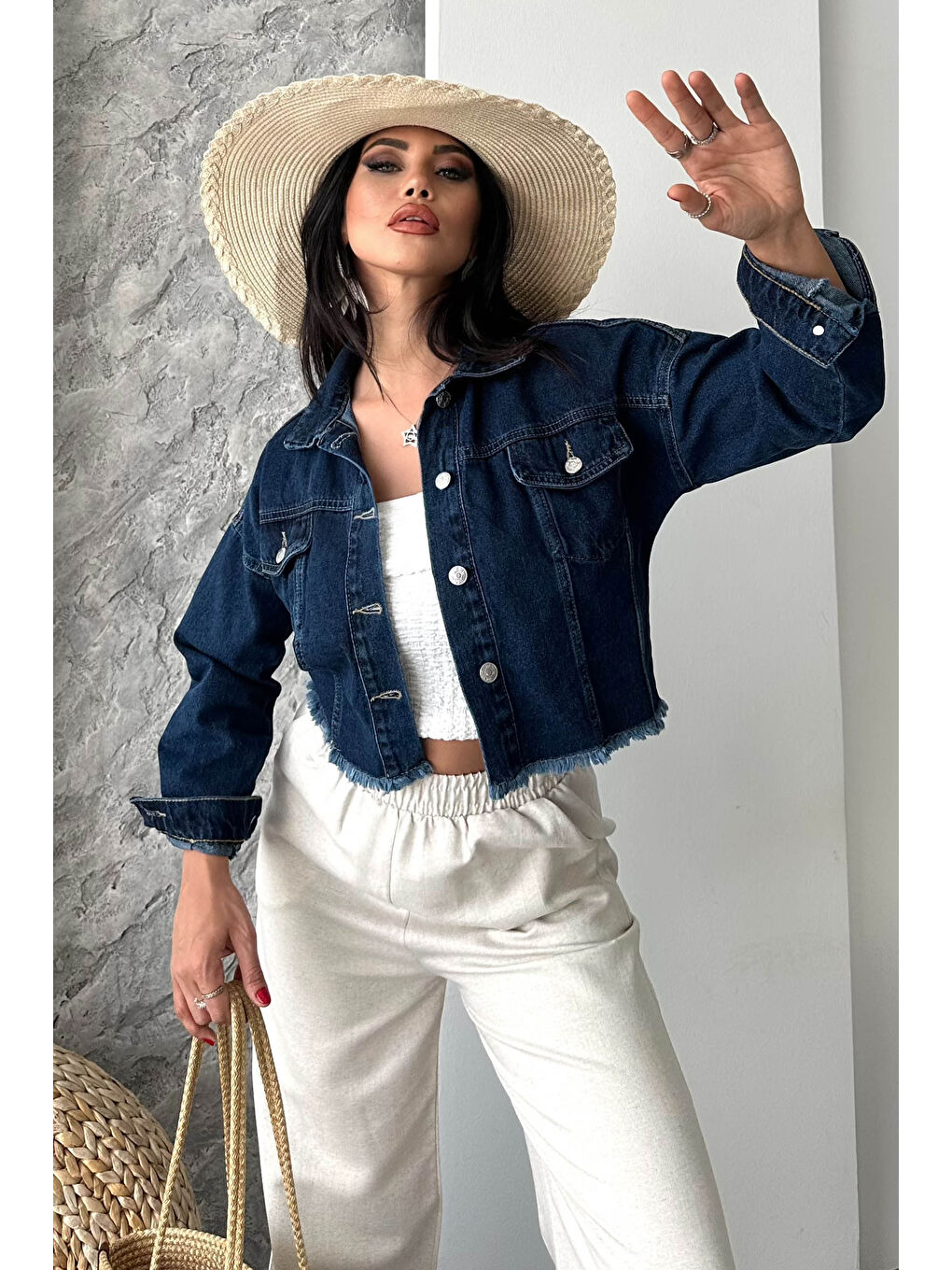 Çift Cepli Demin Crop Ceket Koyu Mavi - 27299-3