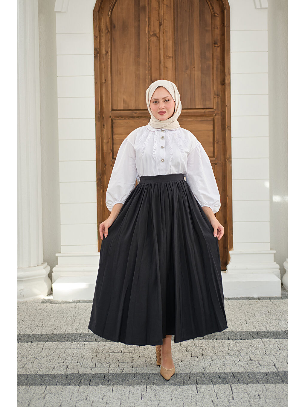 Gri Kadın Önden Büzgülü Çift Cepli Etek Füme-4