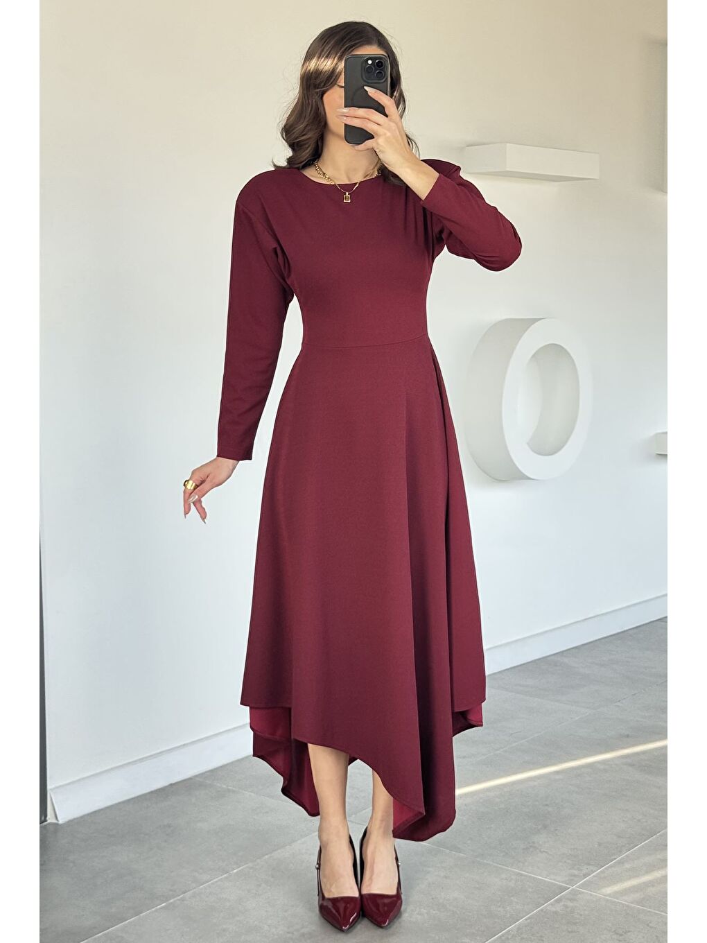 Bordo Kadın Bisiklet Yaka Sırt Fermuarlı Asimetrik Kesim Kiloş Elbise-1