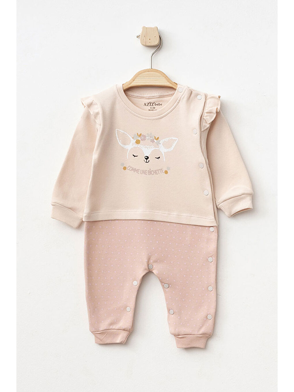 AZİZ BEBE Pembe Kız Bebek Çıtçıtlı Desenli Patikli Tulum 0 Ay 6 Ay