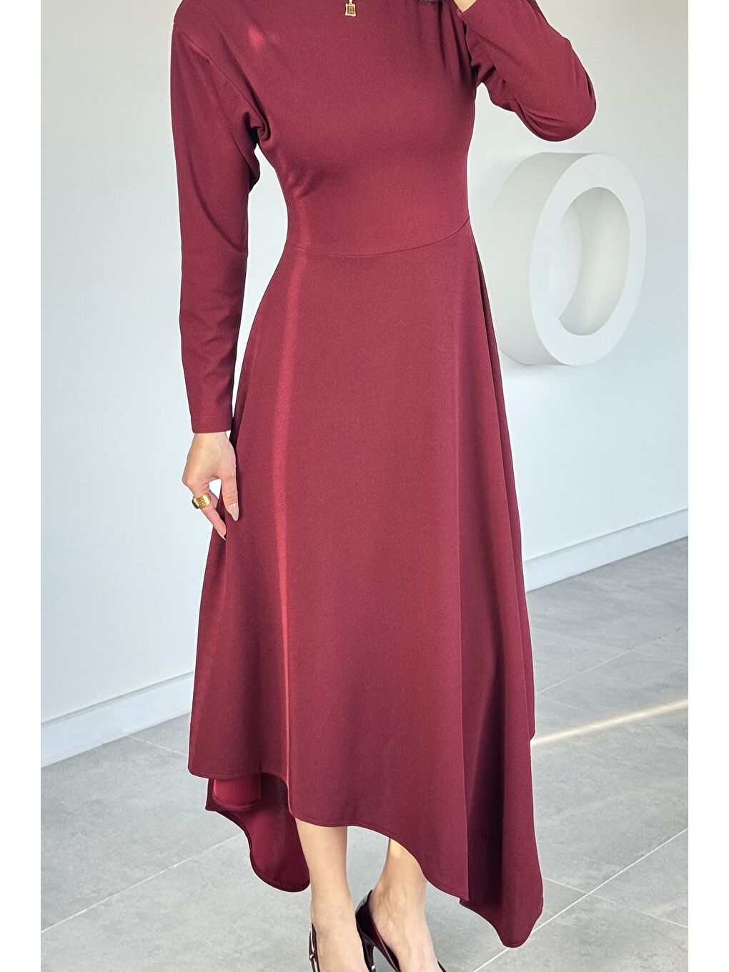 Bordo Kadın Bisiklet Yaka Sırt Fermuarlı Asimetrik Kesim Kiloş Elbise-2