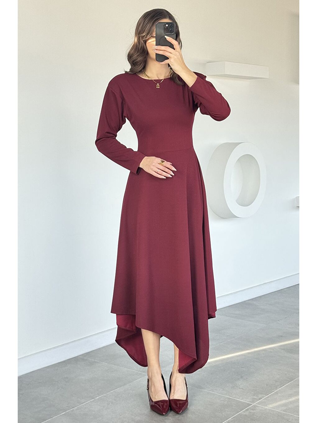 Bordo Kadın Bisiklet Yaka Sırt Fermuarlı Asimetrik Kesim Kiloş Elbise-3