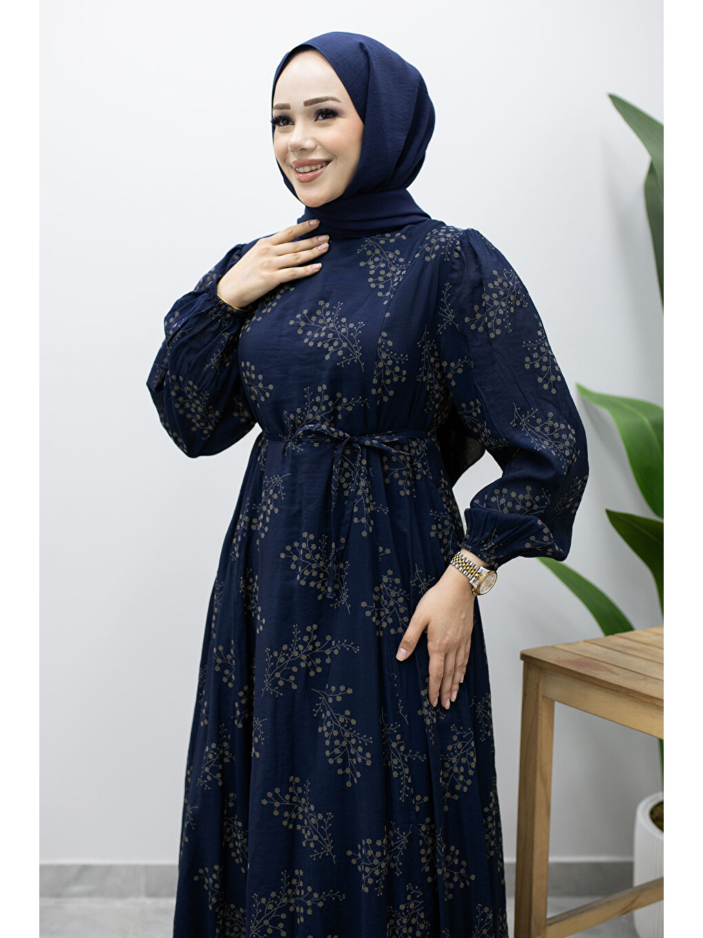 Astarlı Dal Desenli Elbise Tsd260238 Lacivert-1