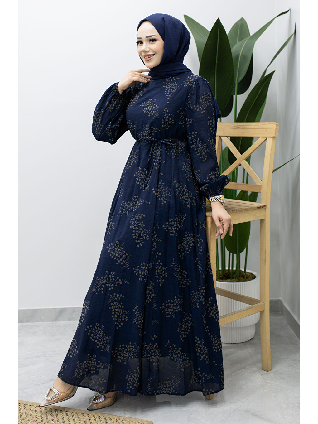 Astarlı Dal Desenli Elbise Tsd260238 Lacivert-2