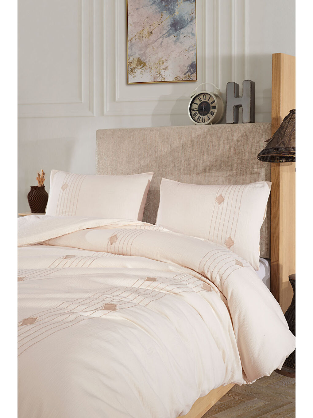 Bej Alva Çift Kişilik Nevresim Takımı 4 Parça Krem-2