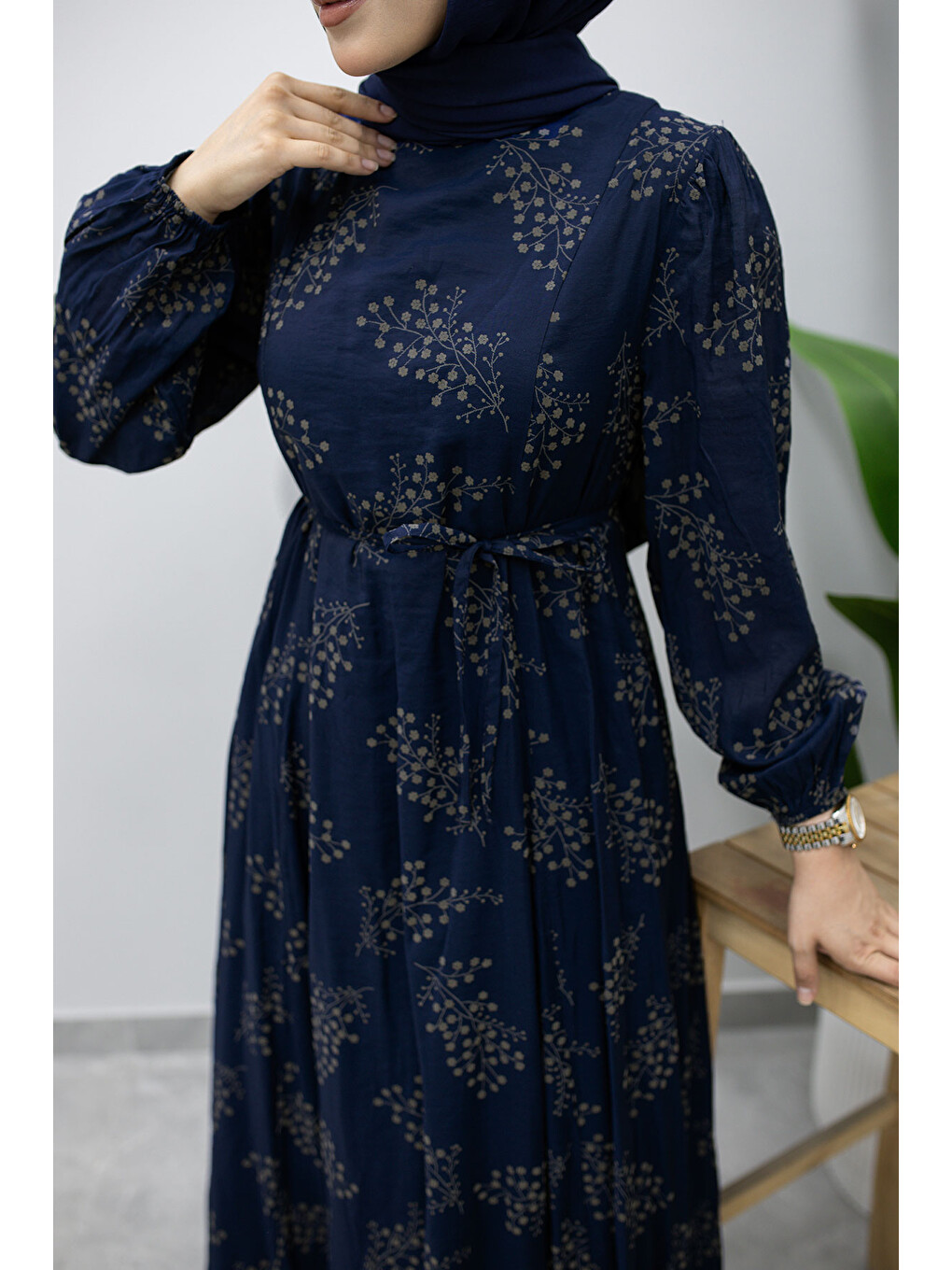 Astarlı Dal Desenli Elbise Tsd260238 Lacivert-3