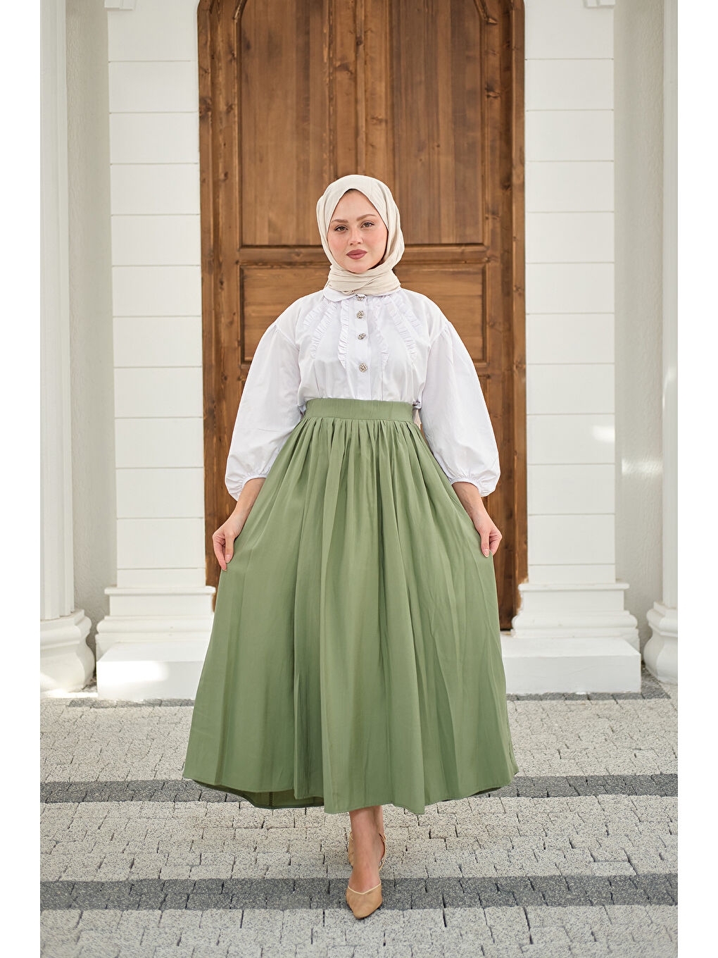 Kadın Önden Büzgülü Çift Cepli Etek Açık Yeşil-2
