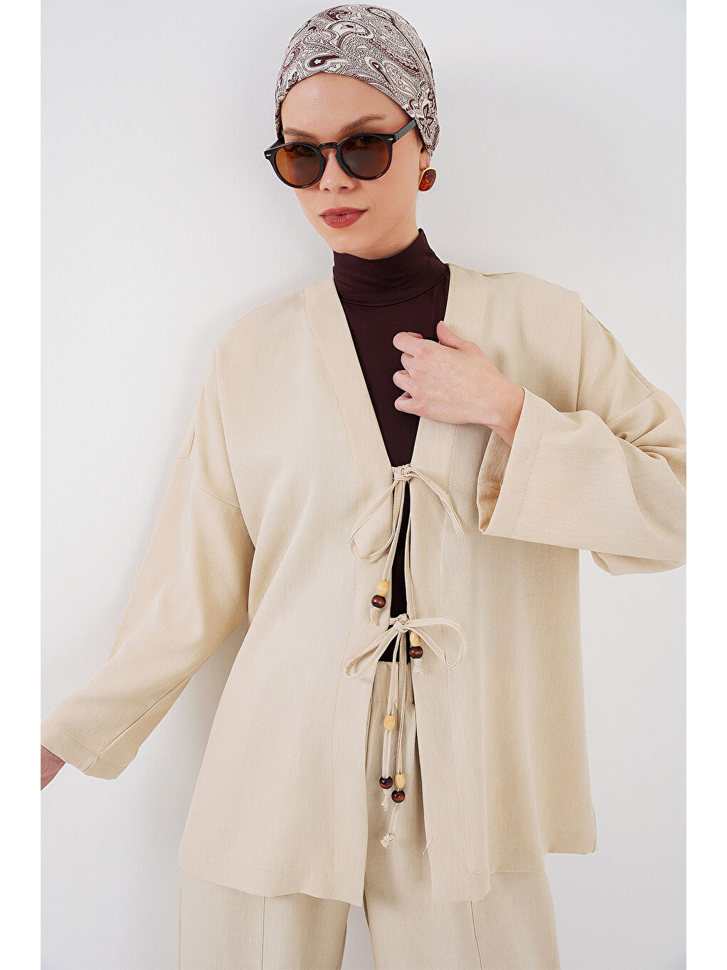 Ekru Kadın Keten Kimono İkili Takım 6727 - Krem-1