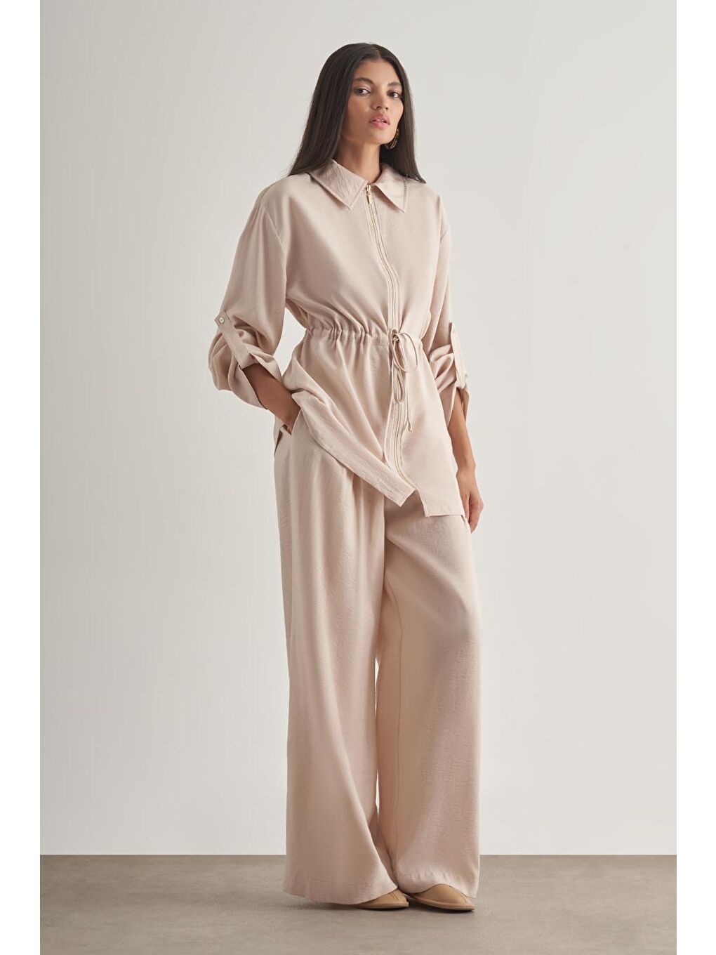 Modal Karışımlı Fermuarlı Bej Rengi Tunik-1