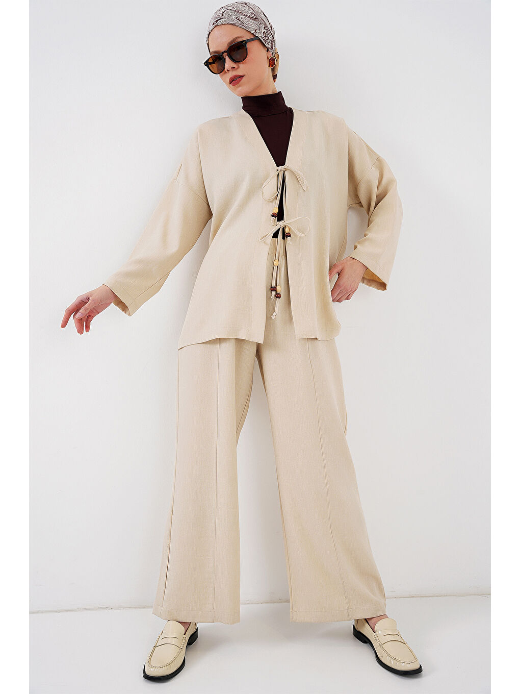 Ekru Kadın Keten Kimono İkili Takım 6727 - Krem-2