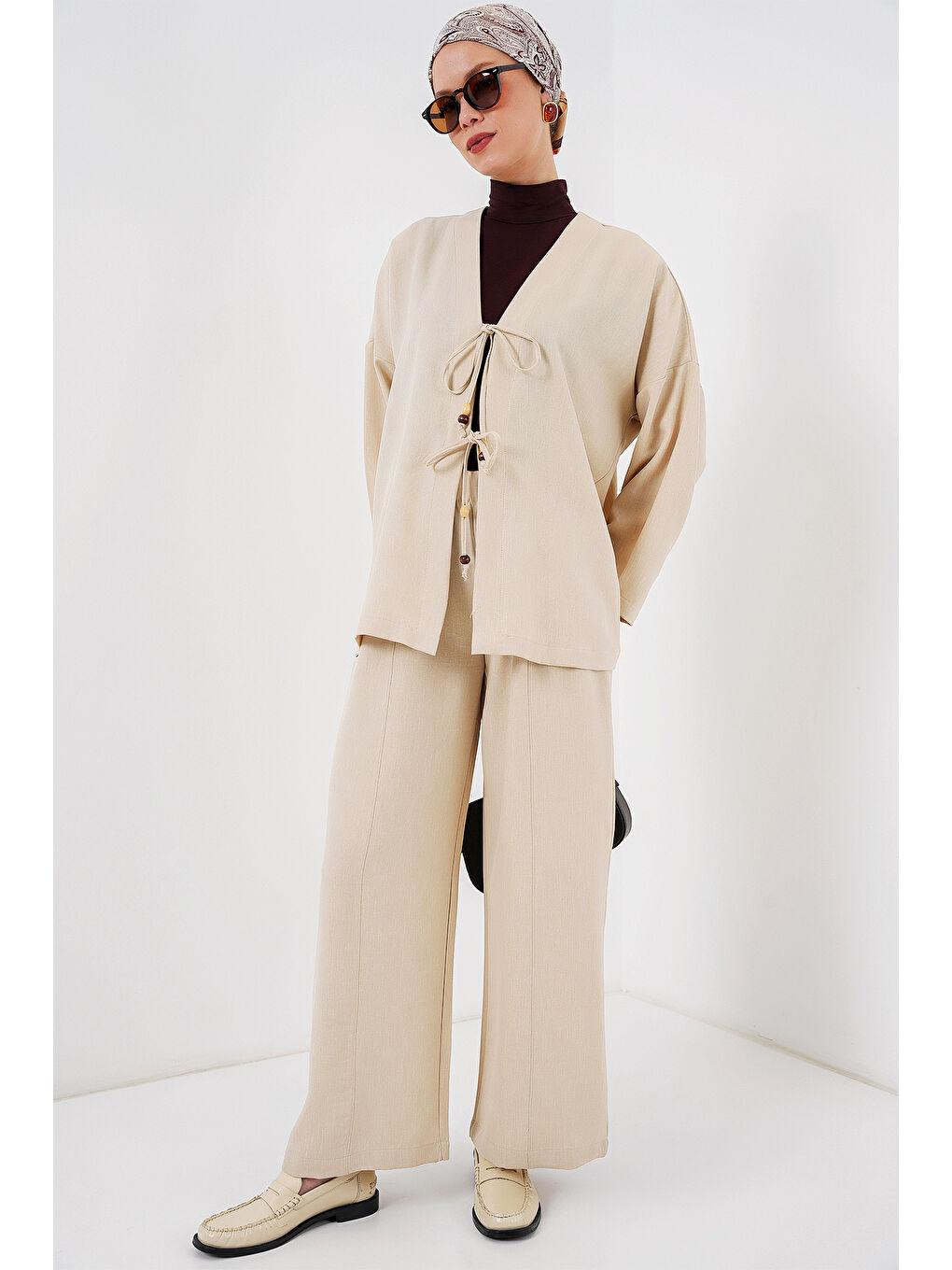 Ekru Kadın Keten Kimono İkili Takım 6727 - Krem-3