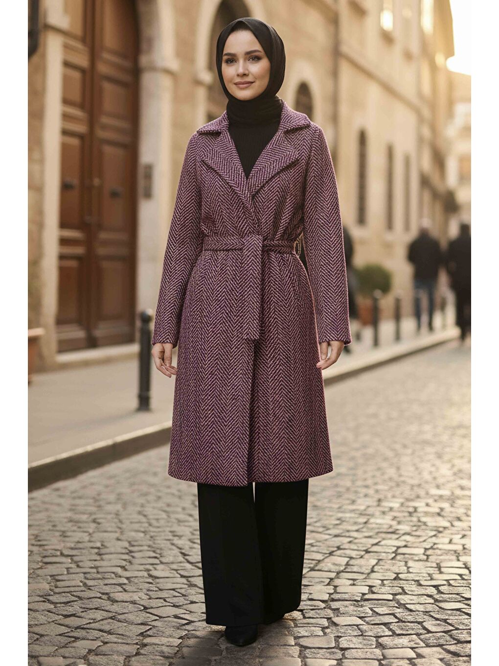 Fuşya Desenli Kuşaklı Kaşe Kaban Fusya - 28095-FUSYA-1