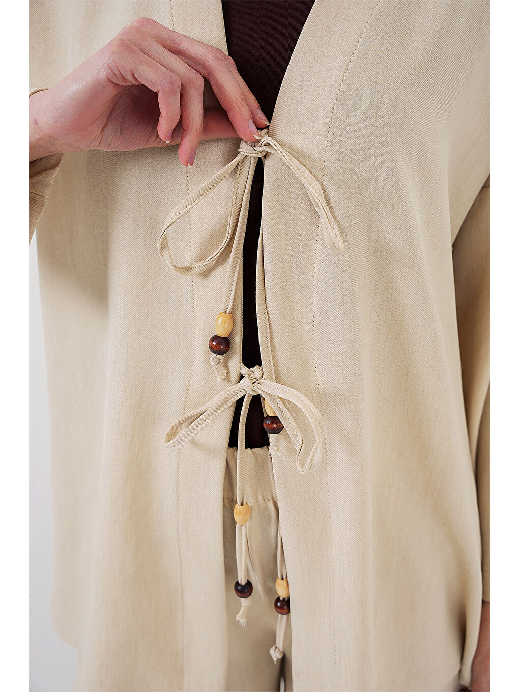 Ekru Kadın Keten Kimono İkili Takım 6727 - Krem-4