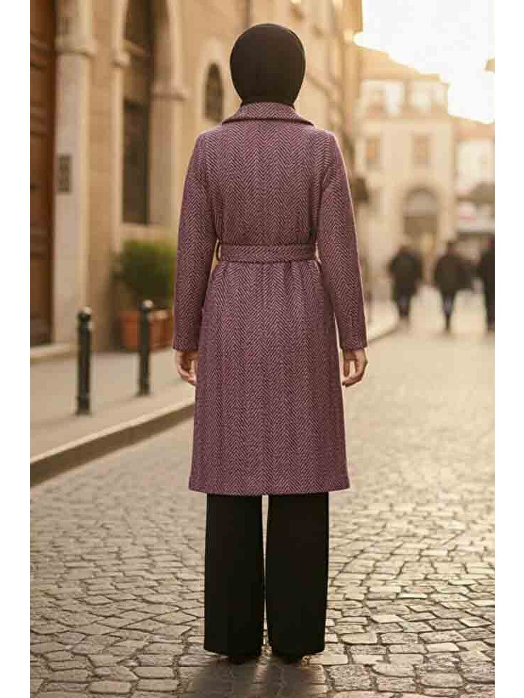 Fuşya Desenli Kuşaklı Kaşe Kaban Fusya - 28095-FUSYA-2