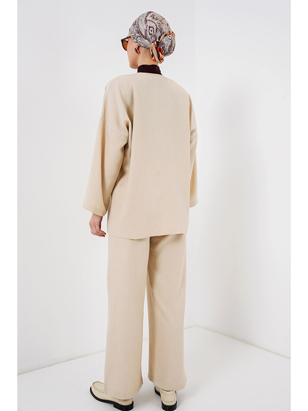 Ekru Kadın Keten Kimono İkili Takım 6727 - Krem-5
