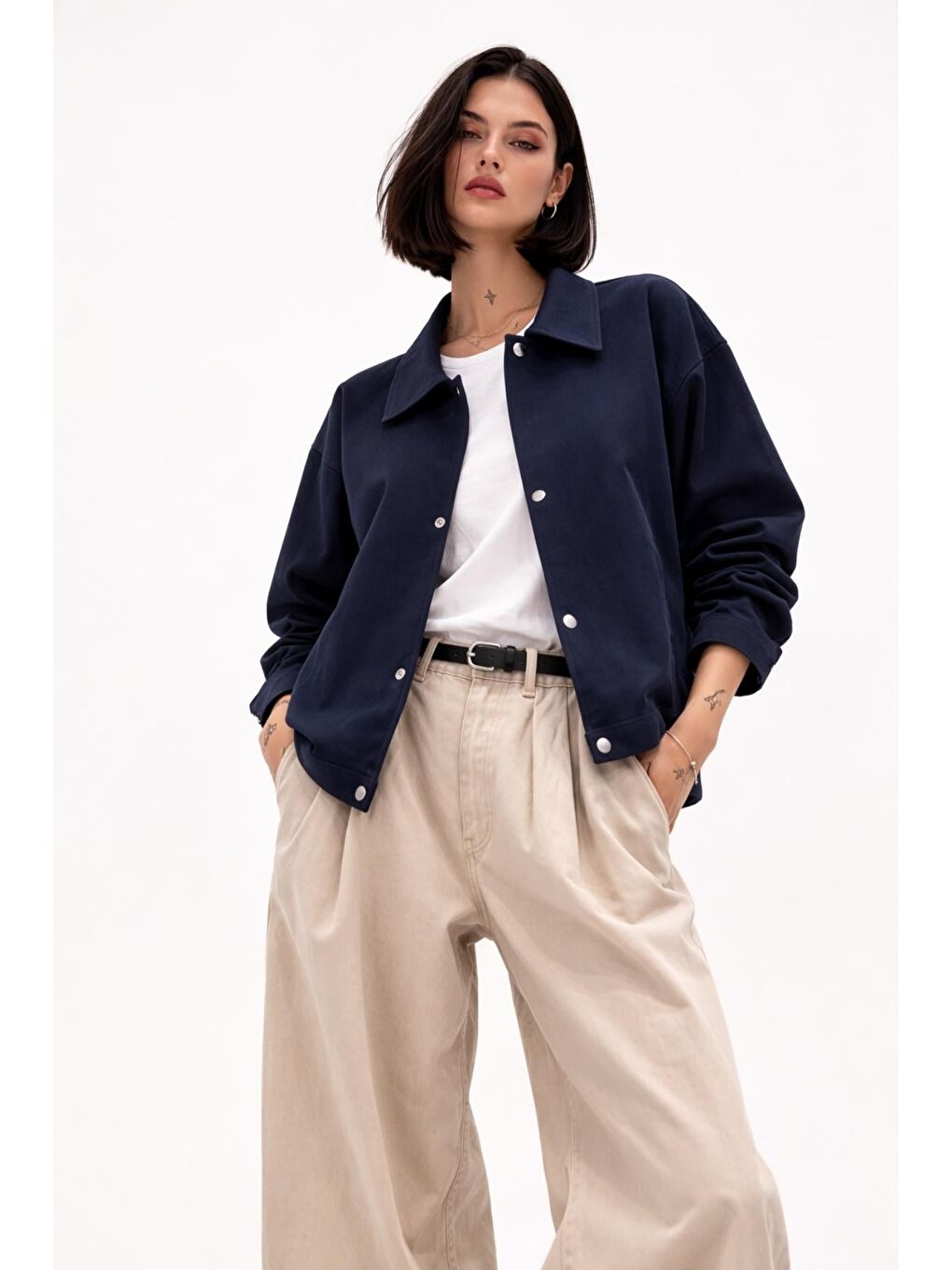 Lacivert Kadın Oversize Basic Gabardin Mevsimlik Polo Yaka Ceket