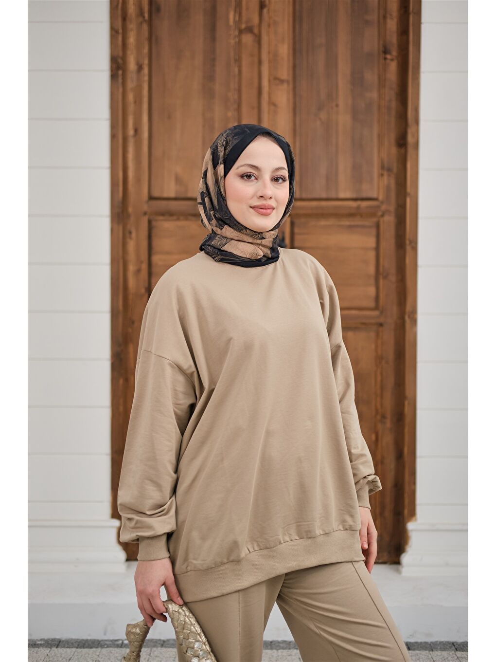 Bej Kadın Bisiklet Yaka Oversize İkili Takım Vizon-1