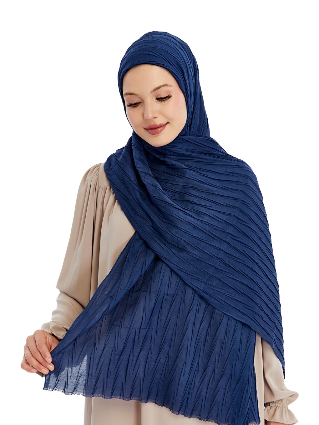 Lacivert Pliseli Bambu Şal