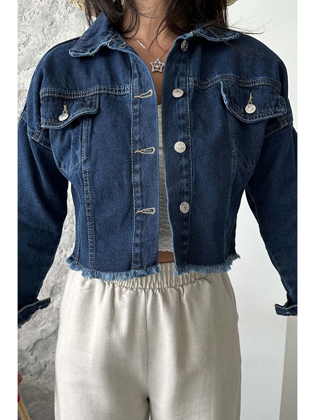 Çift Cepli Demin Crop Ceket Koyu Mavi - 27299-4