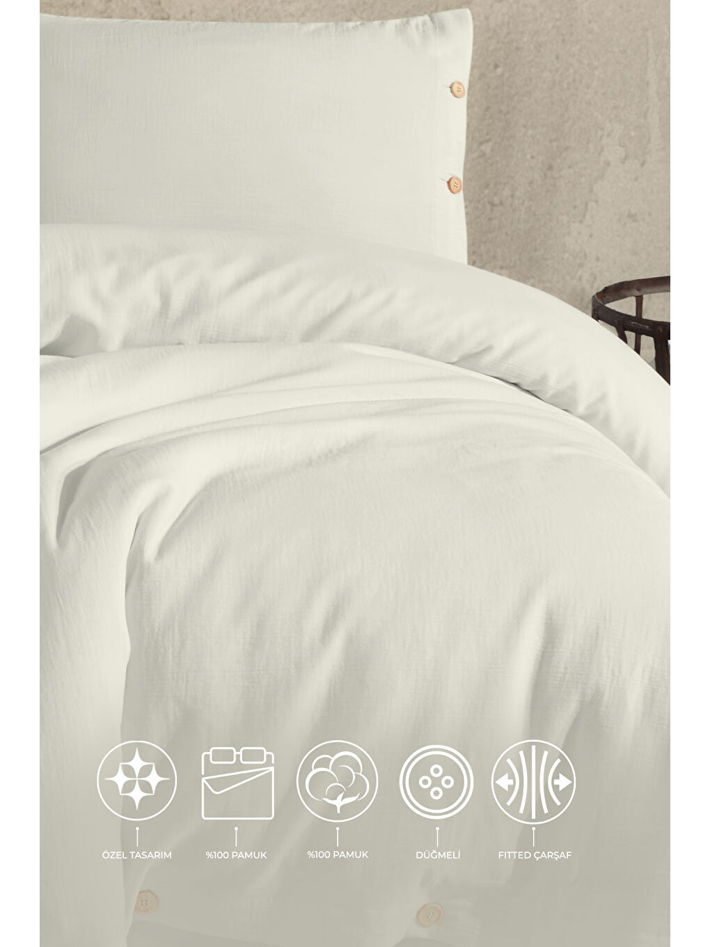 Bej Lina Çift Kişilik Nevresim Takımı 4 Parça Krem-1