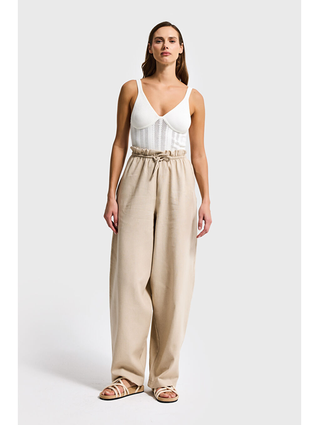 Kadın Bej Renk s6-57 Rahat Kesim Keten Kumaş Belden Lastikli Pantolon-1