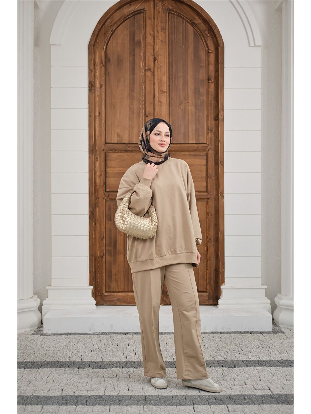 Bej Kadın Bisiklet Yaka Oversize İkili Takım Vizon-2