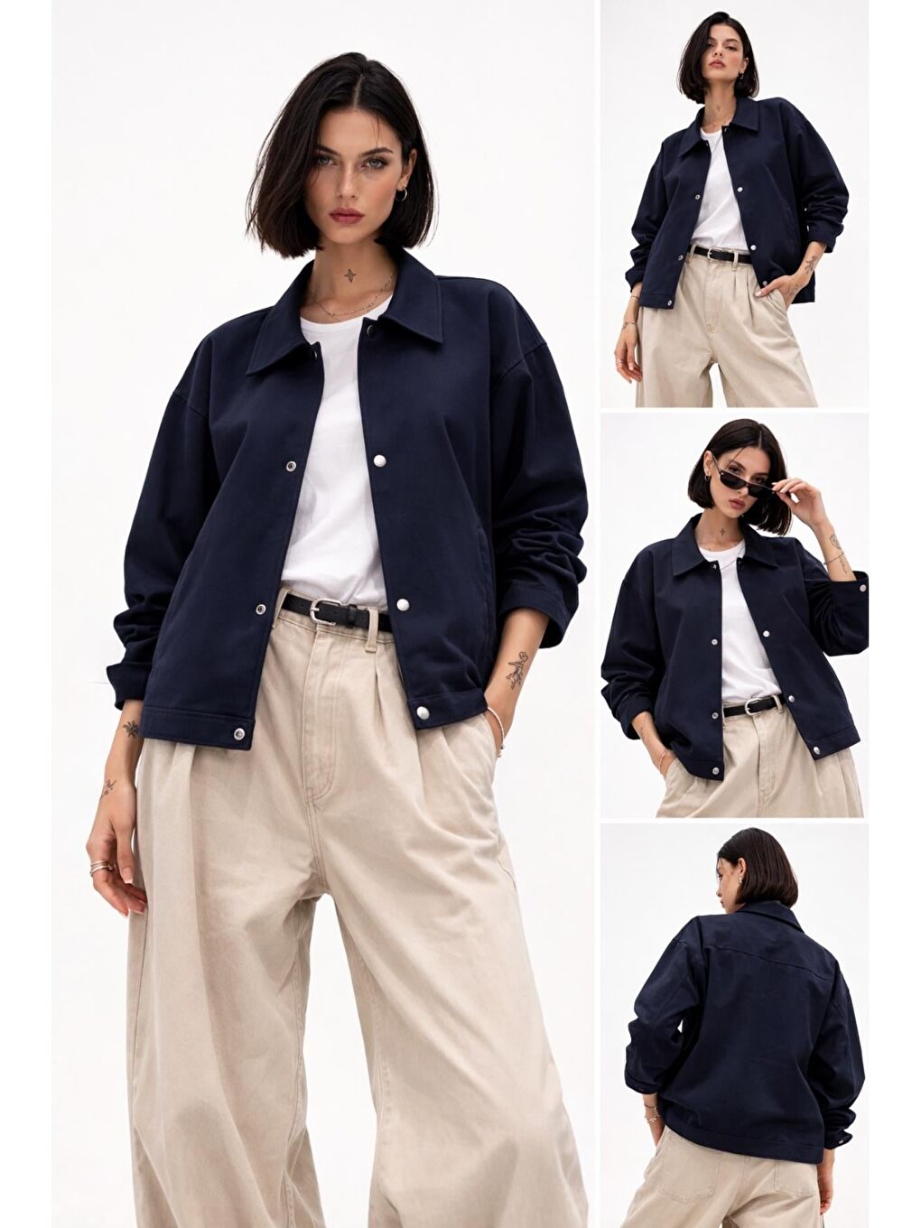 Lacivert Kadın Oversize Basic Gabardin Mevsimlik Polo Yaka Ceket-1