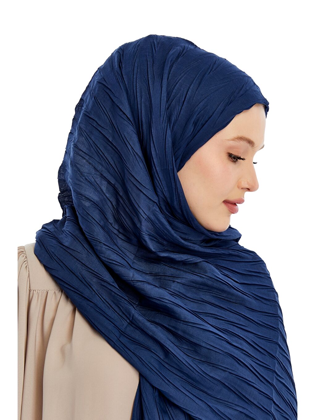 Lacivert Pliseli Bambu Şal-3