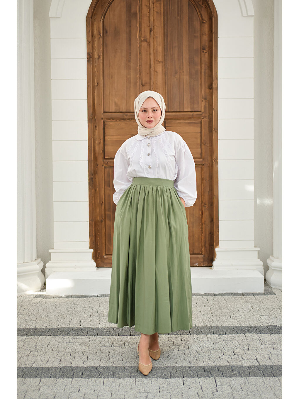 Kadın Önden Büzgülü Çift Cepli Etek Açık Yeşil-4