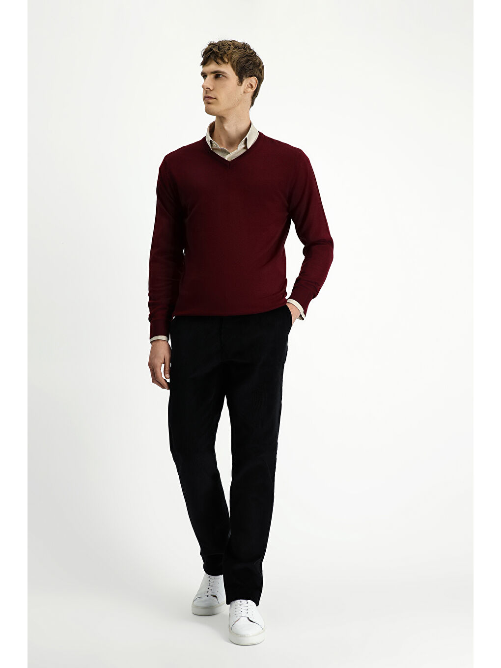 Bordo V Yaka Regular Fit Sıcak Tutan Yünlü Triko Kazak-1