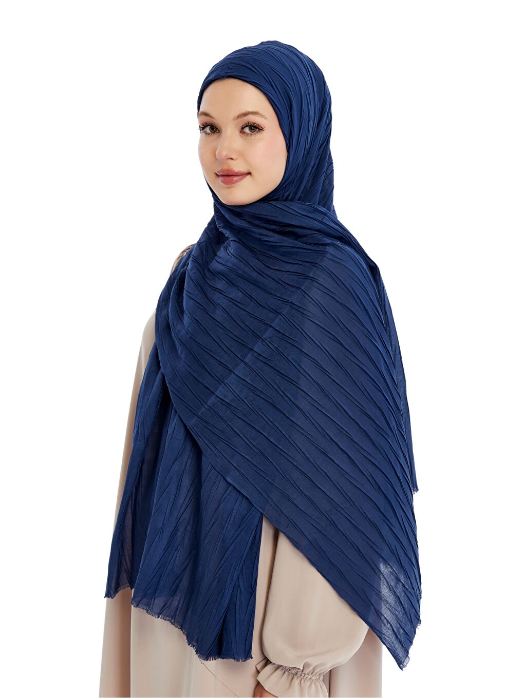 Lacivert Pliseli Bambu Şal-5