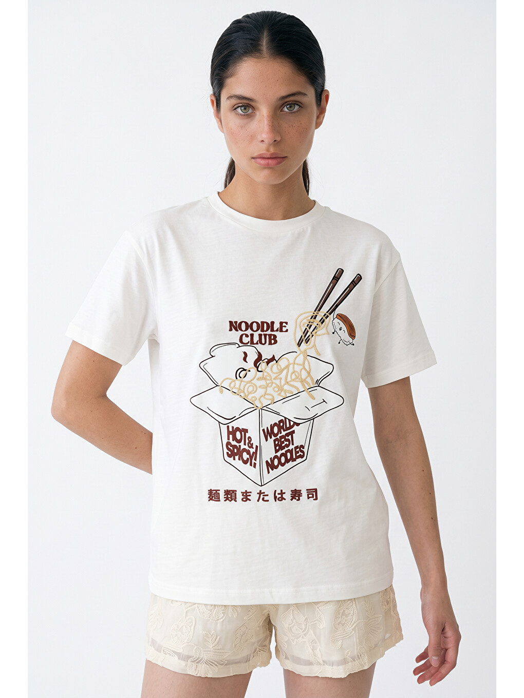 Noodle Nakışlı Baskılı Tişört Ekru-3